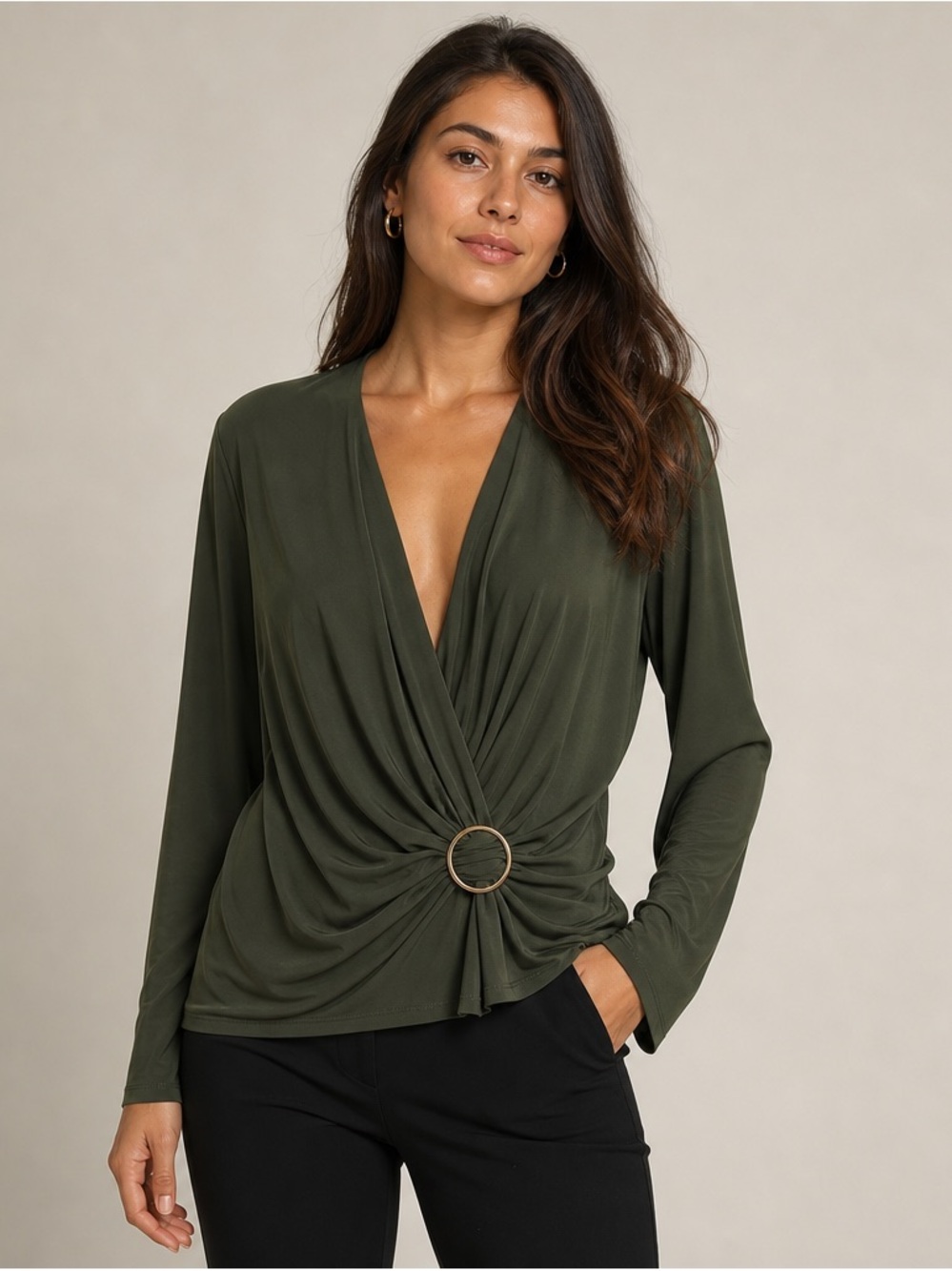 ---

Michael  Michael Kors Olive Ring Detail Plunge Blouse – Size L